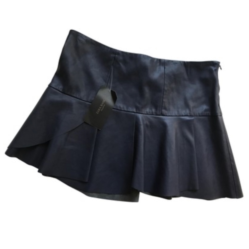 Zara Basic Blue Faux Leather Ruffle Mini Skirl